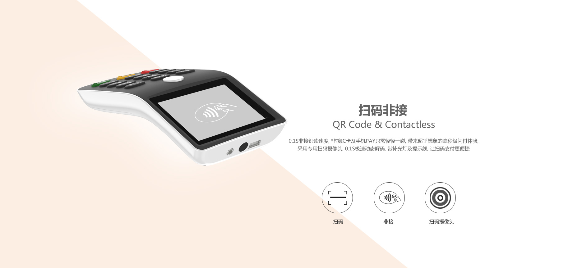 30萬像素掃碼攝像頭，帶提示線和閃關(guān)燈，支持1D/2D極速掃碼支付體驗